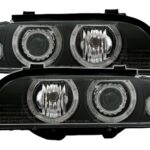 2 FEUX PHARE AVANT ANGEL EYES BMW SERIE 5 E39 PHASE 1 ELECTRIQUE FOND NOIR