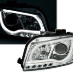 2 FEUX PHARE AVANT LED TFL POUR AUDI A3 8P DE 2003 A 07/2008 A FOND CHROME - FONCTION DRL