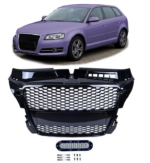 Calandre noir brillant look RS3 pour AUDI A3 8p phase 2 et sportback de 04/2008 à 2012